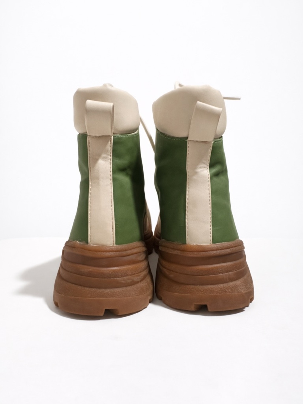 Green Cream Colorblock Platform Combat Boots Lug Sole Lace Up Ankle Booties 9 - Picture 3 of 6